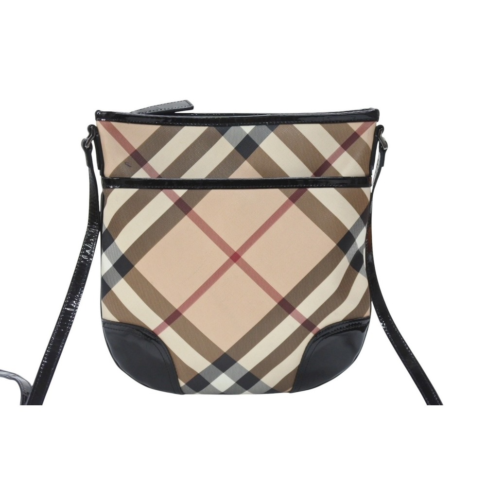 Burberry Beige Check Shoulder Tan Patent Leather Black Bag